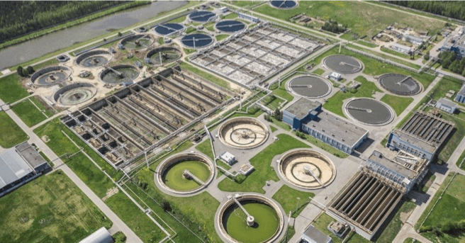Aerial view of a large water treatment facility